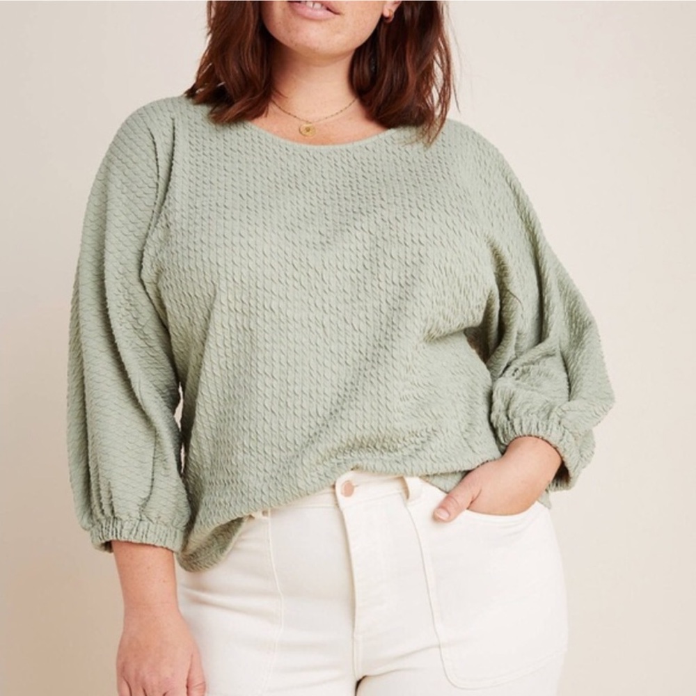 ANTHROPOLOGIE Green Arya Textured Puff Sleeve Top